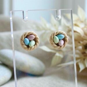 Easter Bird Nest Stud Earrings – Handmade – Pastel